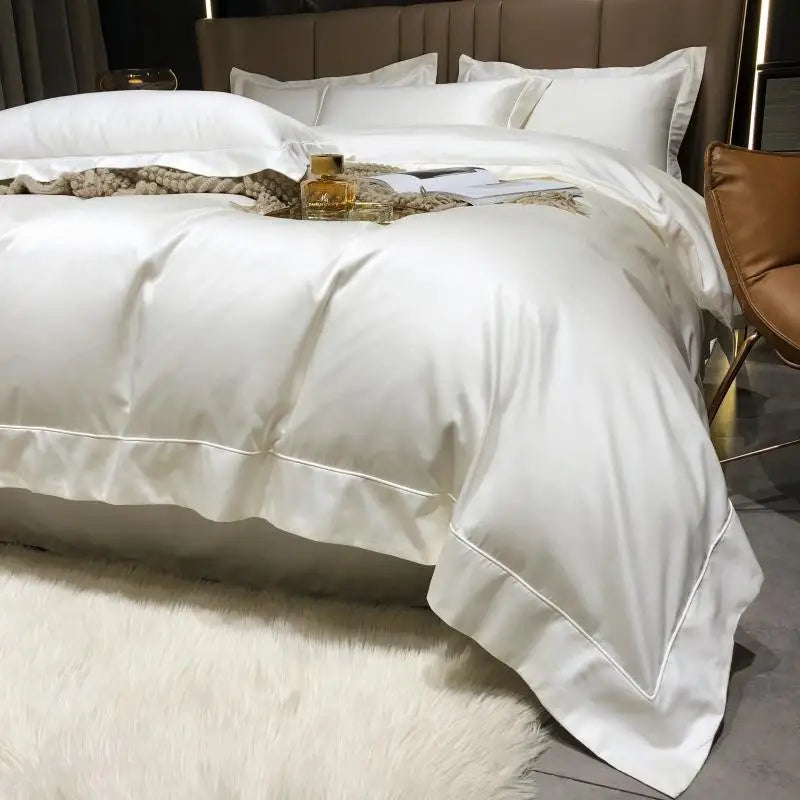 Luxury 100% Cotton Woven Solid Simple 4-Piece OEKO-TEX Certified 500TC Bedding Set Embroidered Stitching Hotel Duvet Cover Bed