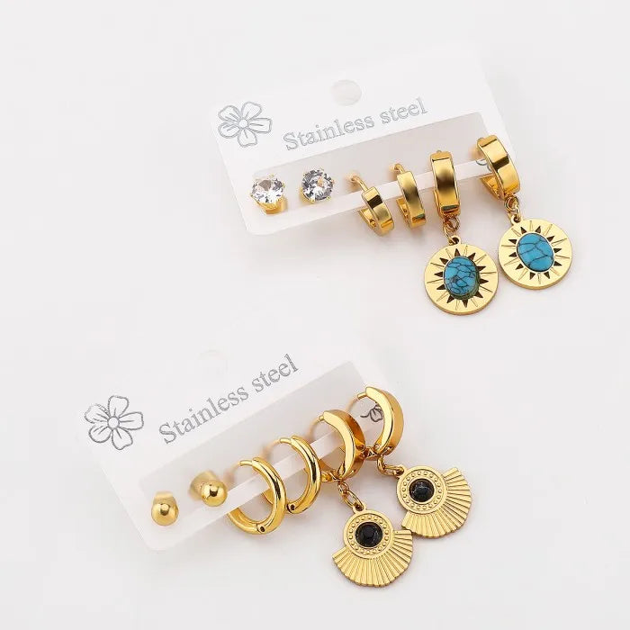 Vintage Style 2-Pair Blue Turquoise Pendant Earrings Set 3-Pairs/SET Stainless Steel for Women's Gift