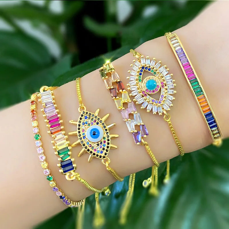 Fashion Jewelry 18K Gold Plated Brass Zircon Pull Bracelet Women's Evil's Eye Crystal Wedding Anniversary Party
