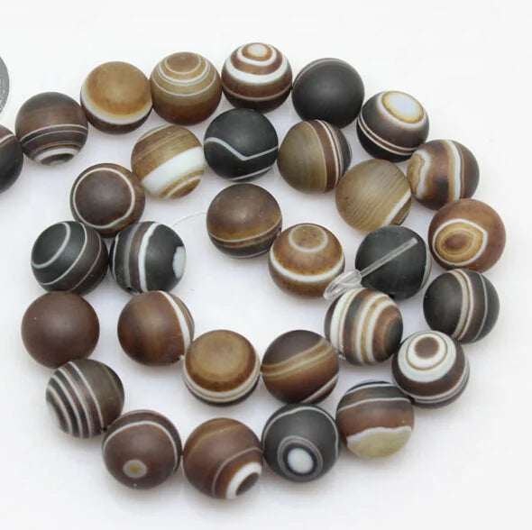 Wholesale Polished Gemstone Beads 4mm-12mm Natural Frosted Coffee Striped Agate Beads for Jewelry Making