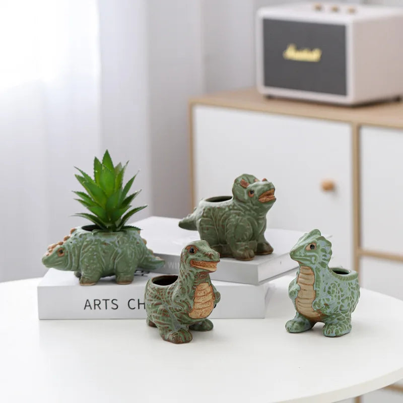 Modern Glazed Ceramic Flowerpot Ornament Cute Creative Personalized Small Animal Triangle Tyrannosaurus Rex Dinosaur Bronze
