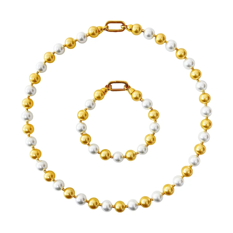 Pearl Chain Necklace Bracelet Set with Zircon Elegant Jewelry Gift for Women for Weddings 10mm Gold and White Trendy Ball Golden