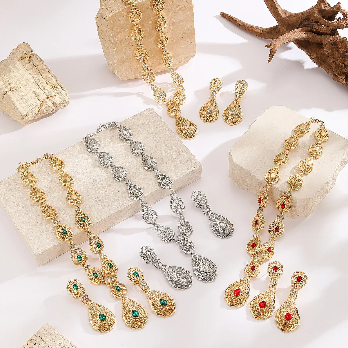 2025 Fashion Luxury Turquoise Gold Plated Water Drop Traditional Necklace Arabic Bridal Jewelry Sets for Algerian Wedding Women