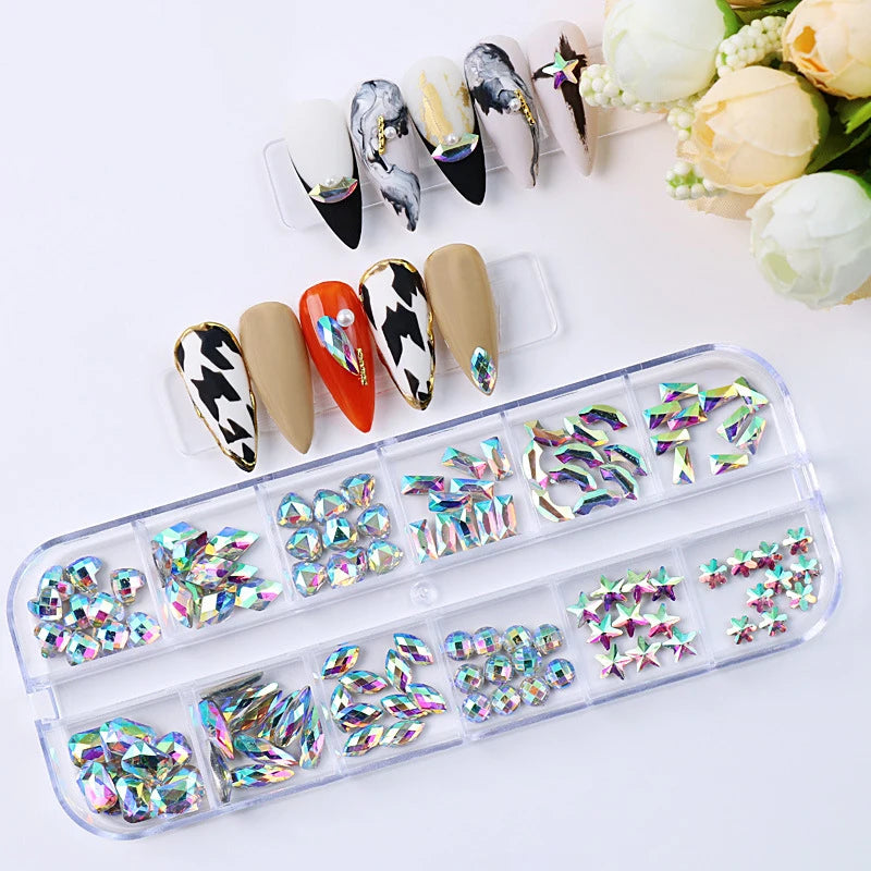 Paso Sico Hot Selling Shiny Glass AB Multi Sizes Mixed Flat Back Nail Rhinestone With Box 3D Nail Art DIY