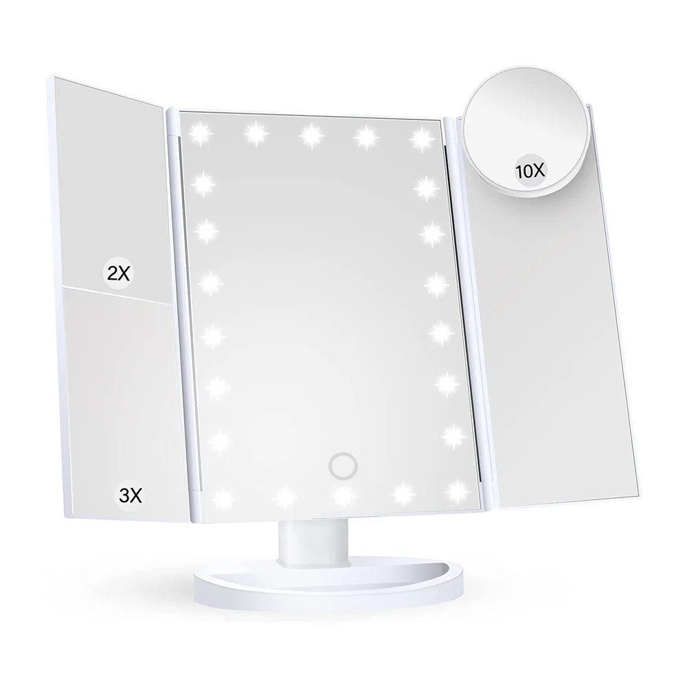 Vanity Led Lighted Travel Makeup Mirror Desktop Trifold 2X 3X 10X  Magnified Make up Mirror With Lights