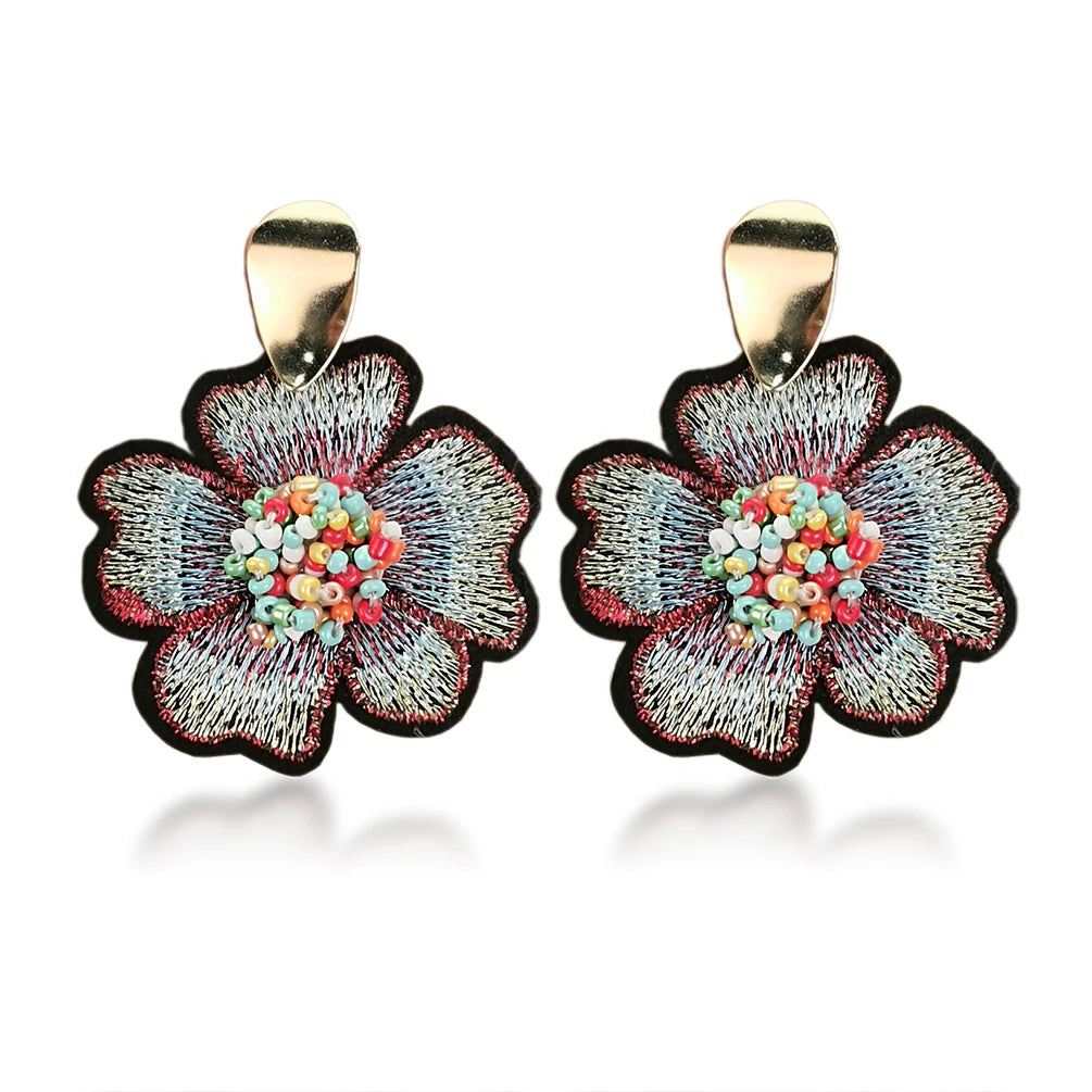 New Fashion Exaggerated Handmade Beads Earrings Bohemian Ethnic Embroidery Flower Beaded Drop Earrings Party Jewelry