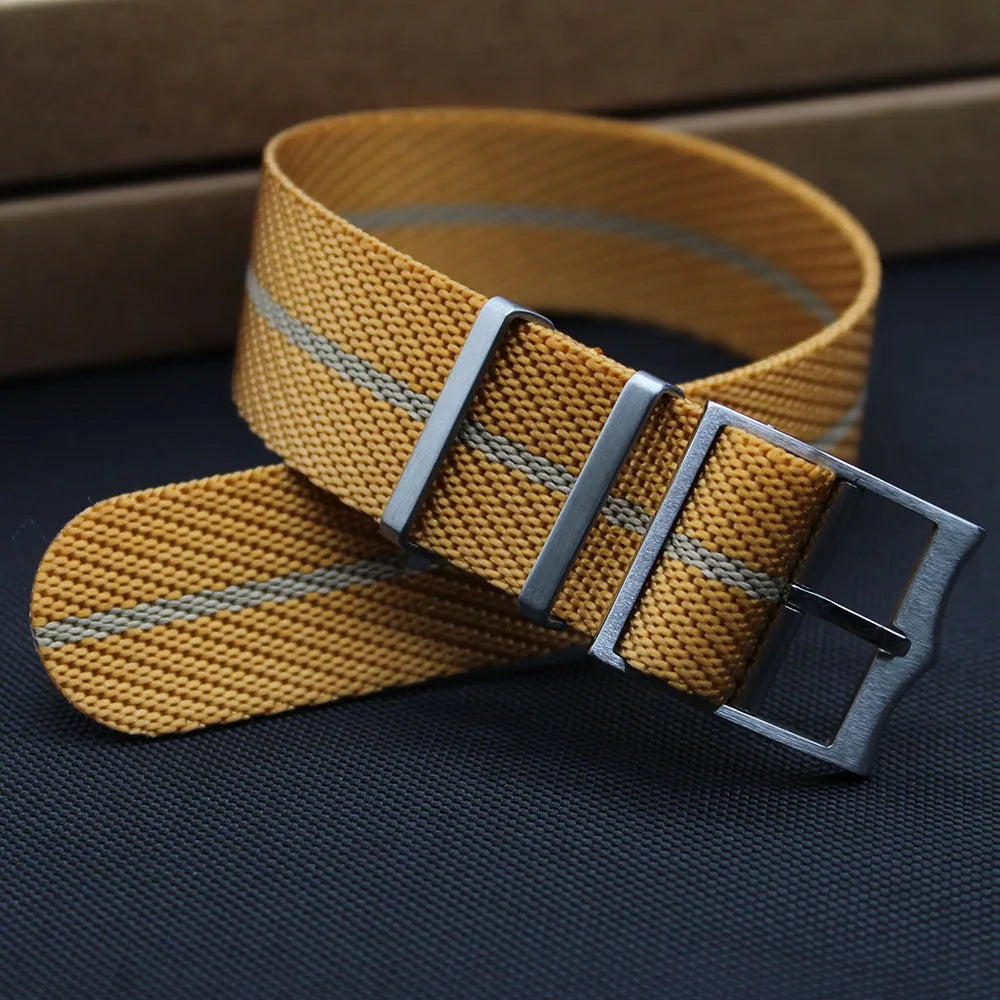 Premium Adjustable Luxury Stainless Steel Buckle Wrist Bracelet Strap 18mm 20mm 22mm Gold+Beige Striped Nylon Watch Strap