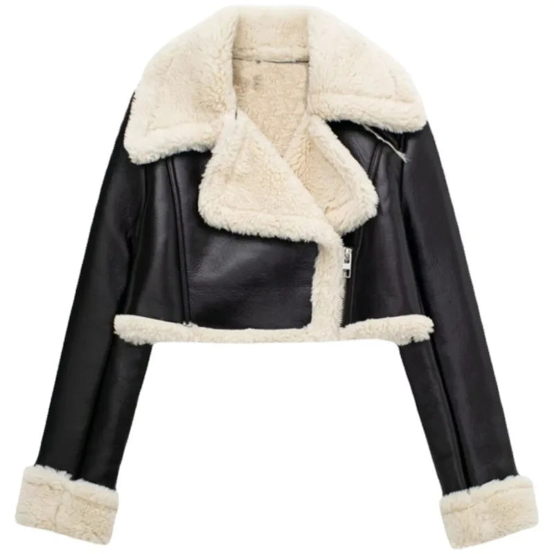 Women 2024 New Chic Winter Fashion Cropped Jacket Coat Vintage Long Sleeve Female Outerwear Chic