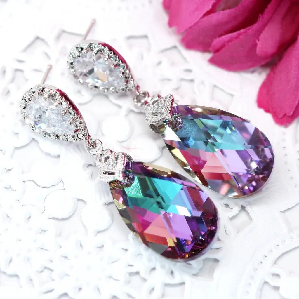 Huitan Waterdrop Gems Dangle Earrings for Women 2025 Silver Plating Stud 2 Colors Cubic Zirconia Earrings Jewelry Gift Earrings