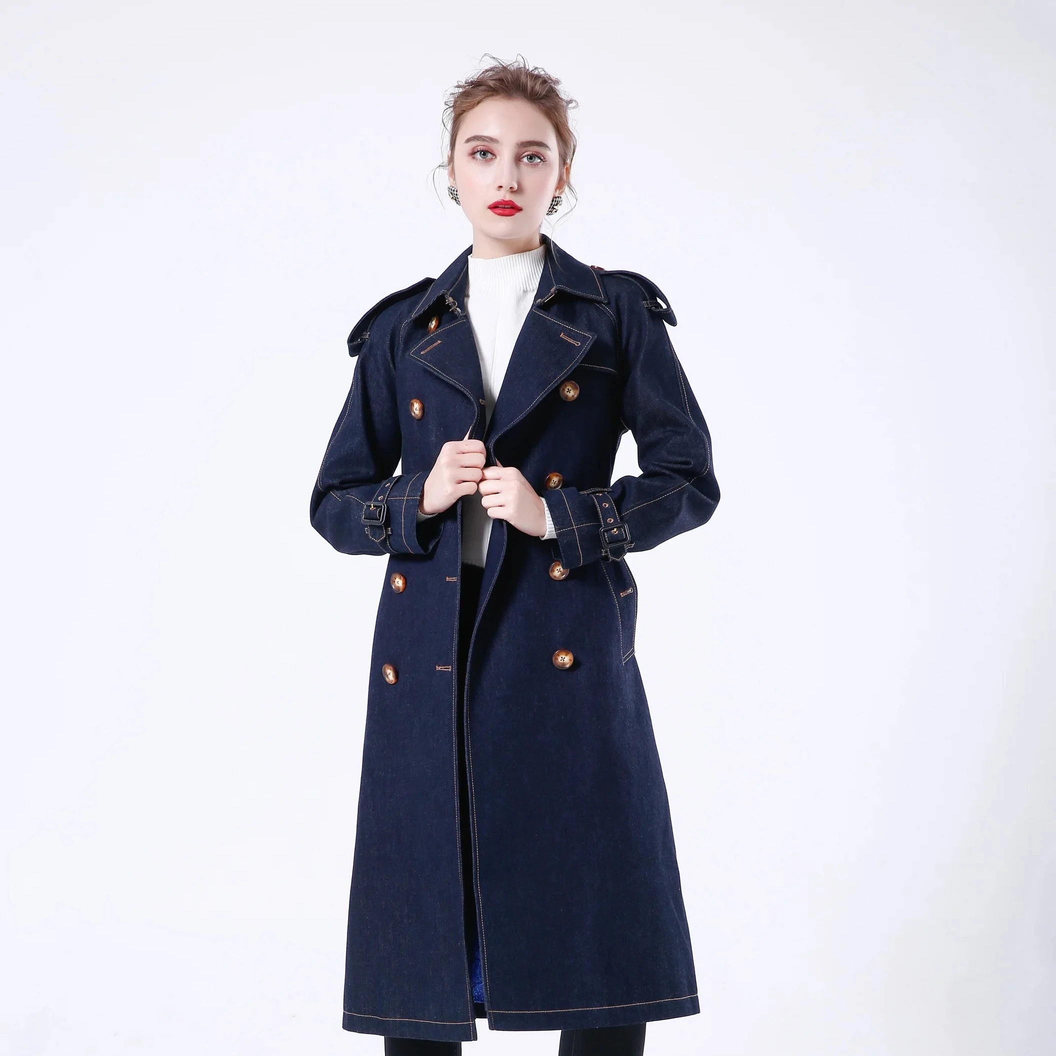 2023 Bosha Denim Casual Coat Double Breasted Lady Long Custom Style With Buttons for Autumn