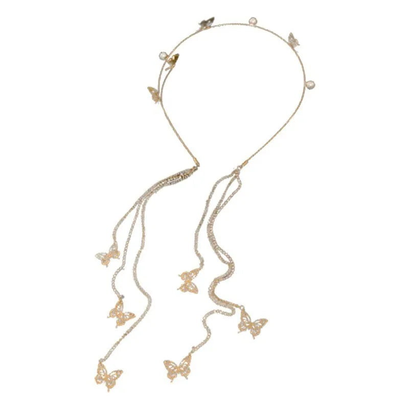 AA00889 Fashion Simple Summer Super Fairy Diamond-studded Butterfly Pearl Tassel Headband for Party
