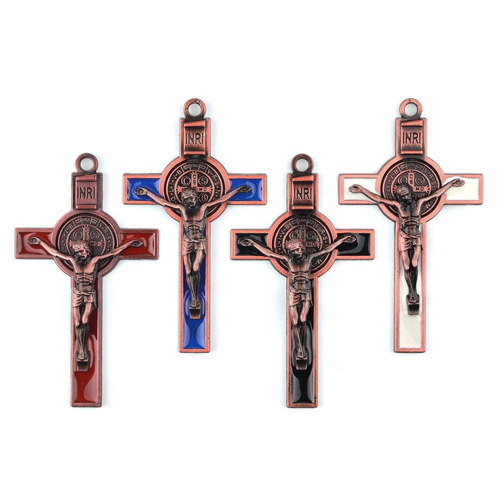 Antique Copper St. Benedict Crucifix Rosary Pendant 75*43mm Religious Cross Plated Alloy Jewelry Number Catholic Saint Charm