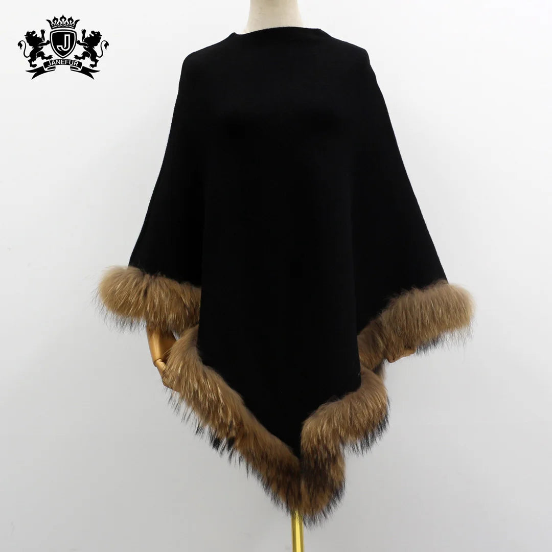 Women's Luxury Pashmina Cape Shawl and Wrap for Winter 3-in-1 Convertible Cashmere Wool Poncho with Raccoon Fur
