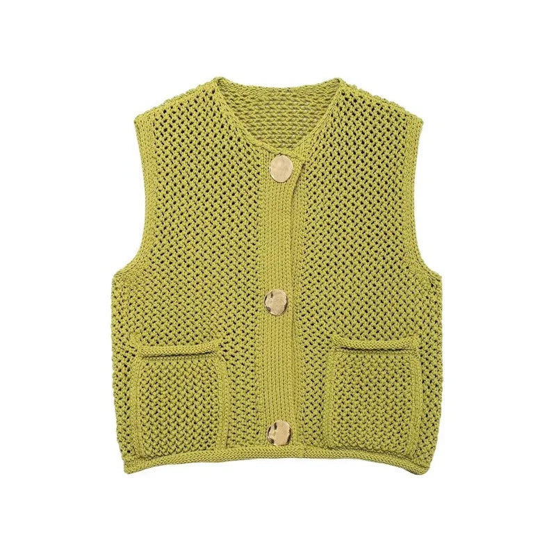 ZATRHMBM Autumn Women's Knit Sweater Vest Top 2024 New Fashion Round Neck Sleeveless Single-Breasted Knit Sweater Undershirt Top