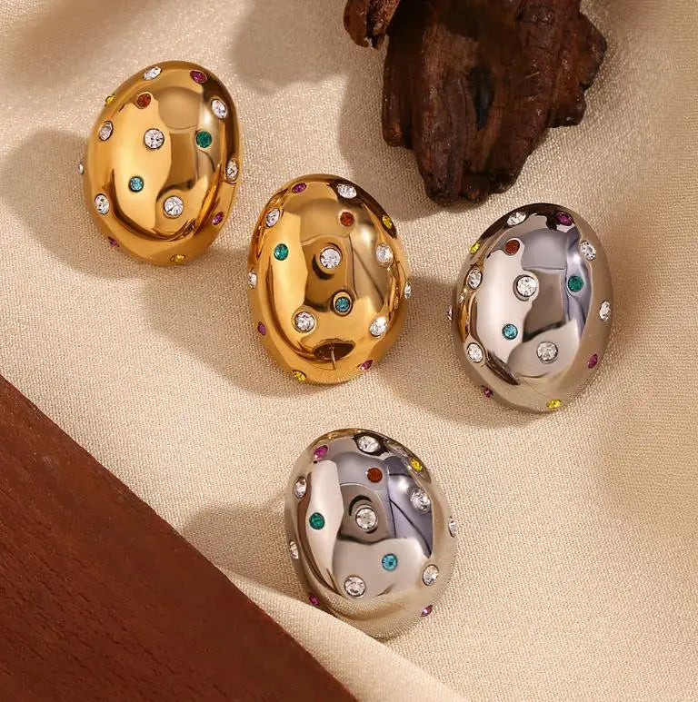 Caicai Hot Sale 18K Gold Fat Stud Earrings Stainless Steel 18K Gold Plated Colored Zircon Oval Stud Earrings