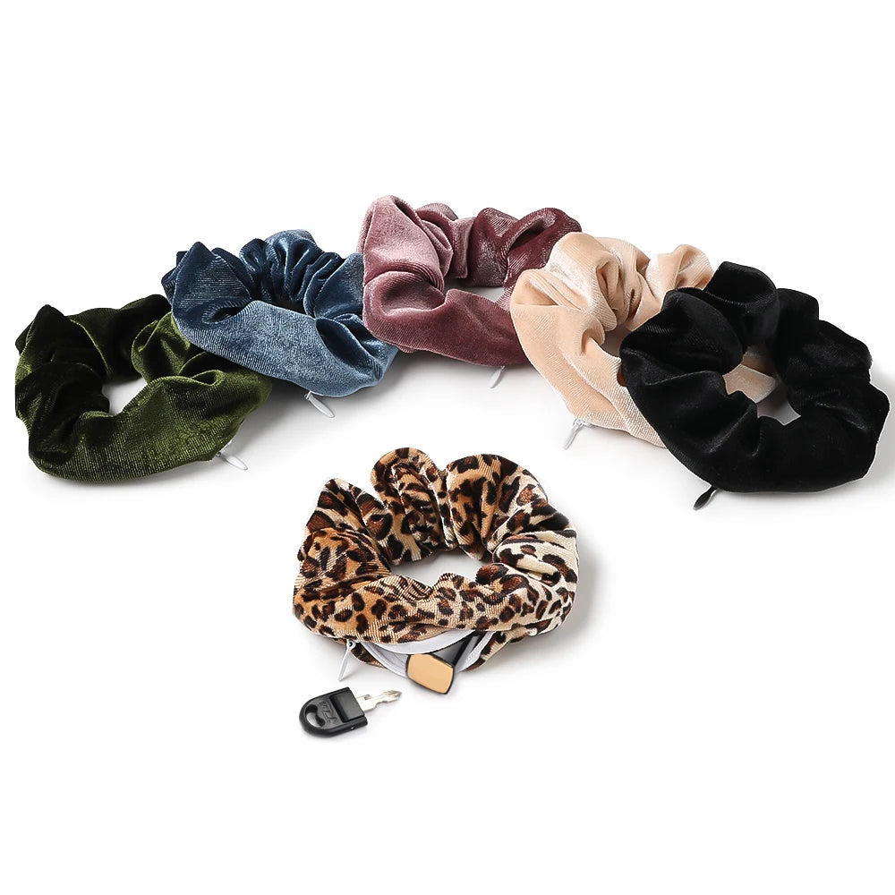 Custom Logo Bulk Hair Scrunchies Hidden Pocket Velvet Silk Satin Chiffon Cotton Polyester Leopard Print with Zipper