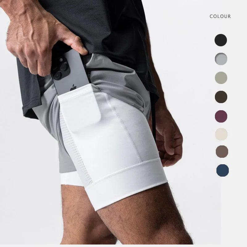 Mens 7 Inch Liner Shorts Double Layer With Zipper Breathable Stretch Running Training Sports Casual Quick Dry Gym Shorts