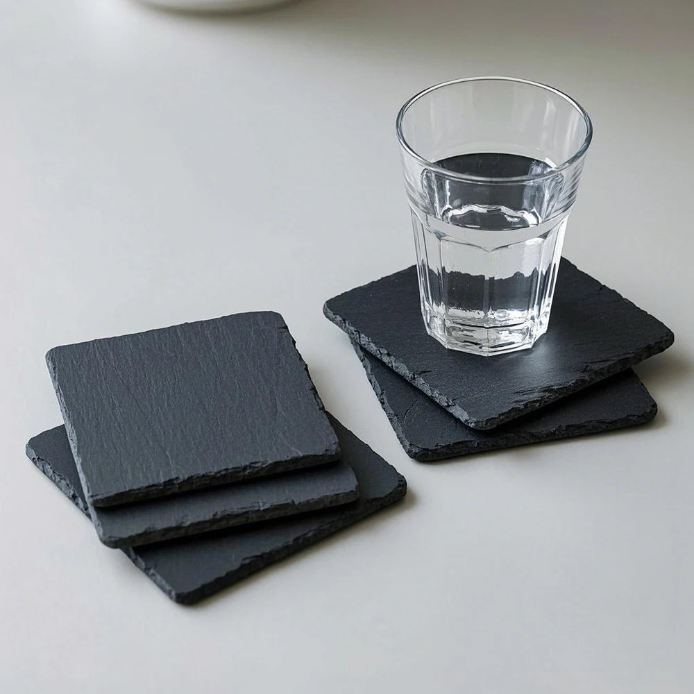 Wholesale 4-Inch Eco-Friendly 10 cm Bulk Slate Stone Coasters Classic Design Laserable Logo Set 4 for Restaurants Carton Packing