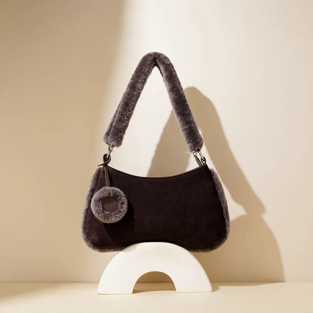 Frosted Genuine Cowhide Leather Half Moon Bag with Detachable Plush Handle Minimalist Hobo Shoulder Bag for Winter Boutique
