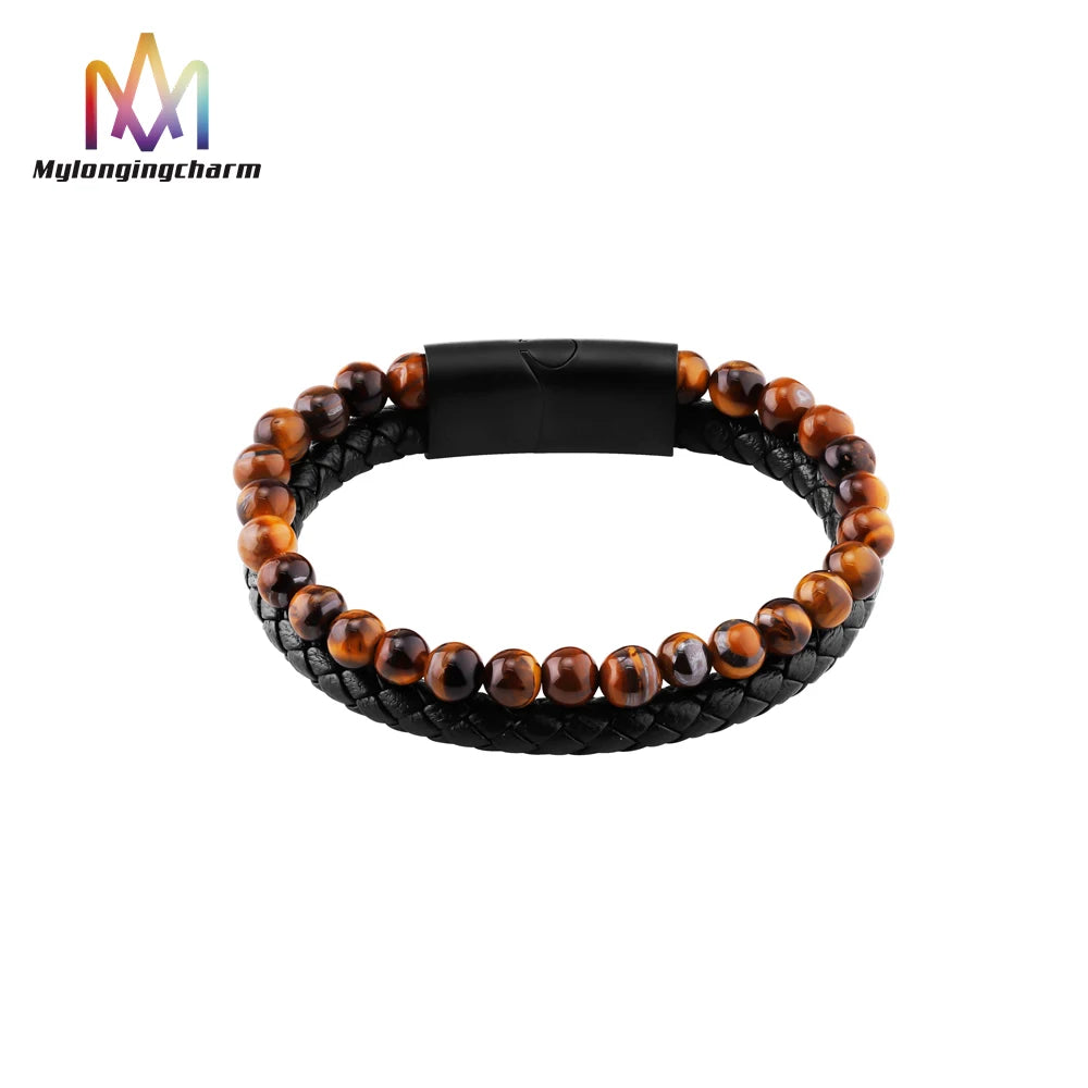 New Punk Double Layer Braided Leather and Beaded Natural Tiger Eye Bracelet for Men Jewelry