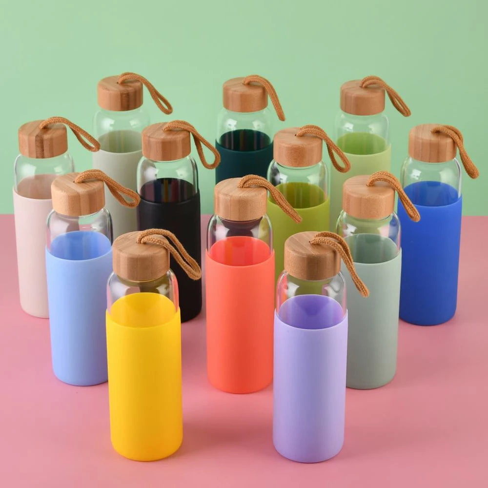 Modern Glass Adults Water Bottle 500ml Portable Anti-Slip Sleeve Drink Bottle with Bamboo Lid Double Layer Outdoor Sports Cup