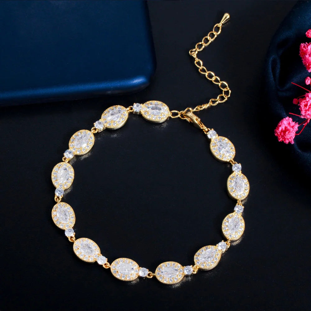 Classic Sparking Gold Plated White Cubic Zirconia Stone Bling Bridal Wedding Chain Link Bracelets for Women New Trendy Jewelry
