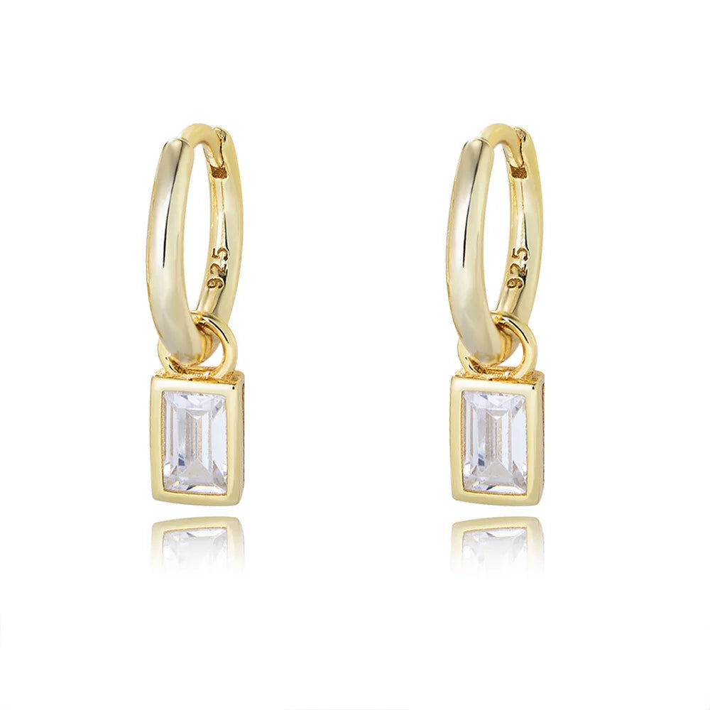 Fine Jewelry Earrings 925 Sterling Silver Diamond Earrings square Zircon Pendant Gold Plated Hoop Earrings for Women