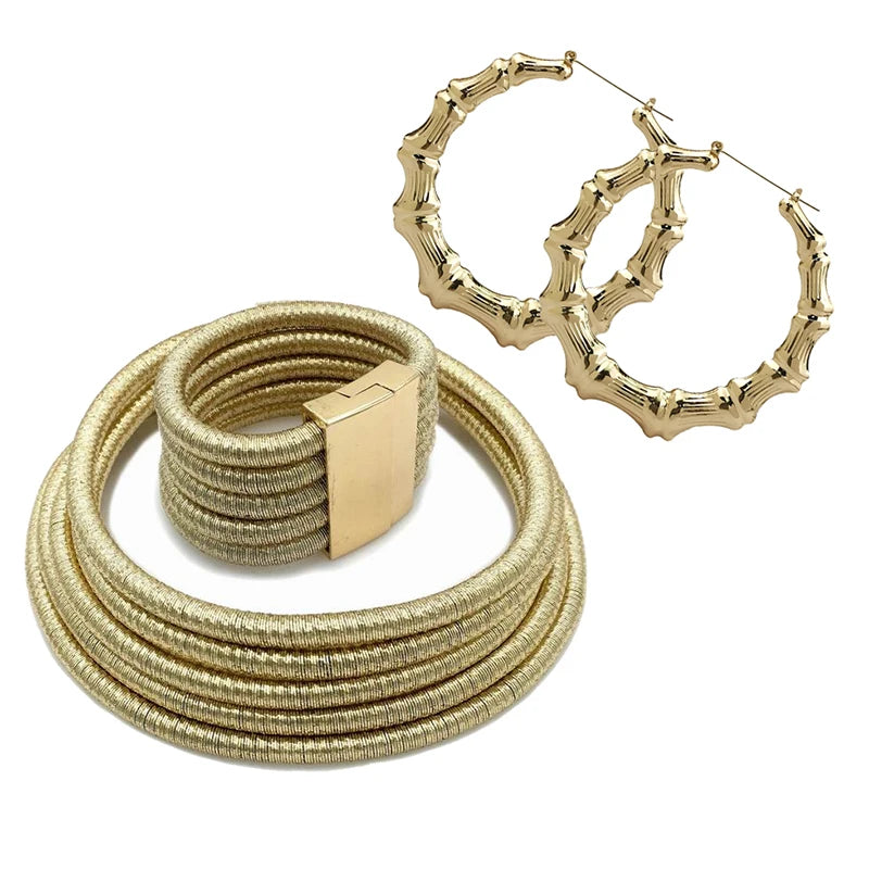 Brand Kim K Handmade Multilayer Rope Choker Bracelet Earrings Jewelry Set Statement Magnetism Button Collar Bamboo Earrings Sets