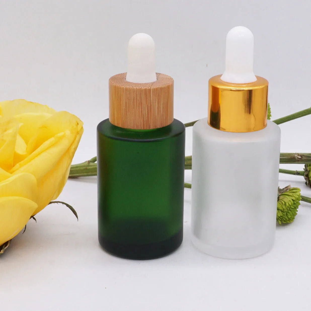 Cosmetic Container Flat Shoulder  Green 2 oz clear Glass Dropper Bottles with Gold Top