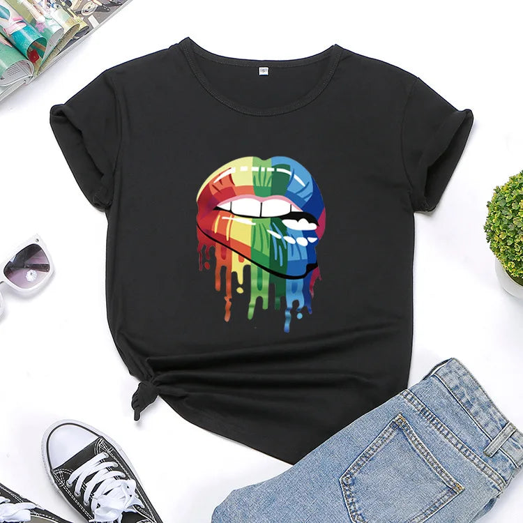 Calvera Summer Rainbow Lip Printings Casual Pure Cotton Short Sleeve Women T-Shirt