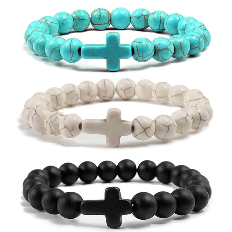 Turquoise Beaded Elastic Bracelet Turquoise Cross Charm Bracelet