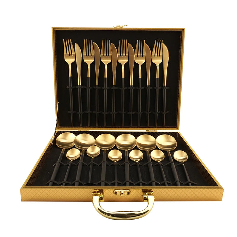 Wholesale Manufacturer 24pcs Matte Wedding Reusable Portable Spoon and Fork Stainless Steel Flatware Black Gold Cutlery Set