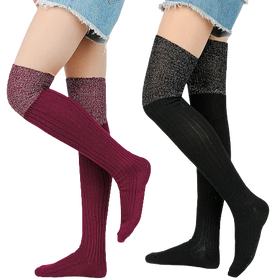 Hot Sale Women's Cotton Thigh Socks Wholesale Fashion Silver Silk High Knee Stockings Wholesale Pile Pile Socks
