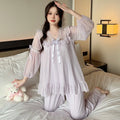 M-XXL Spring and Autumn New Solid V-neck Lace Lace Sweet Loose Princess Style Mesh Pajama Set Women's Home Clothing