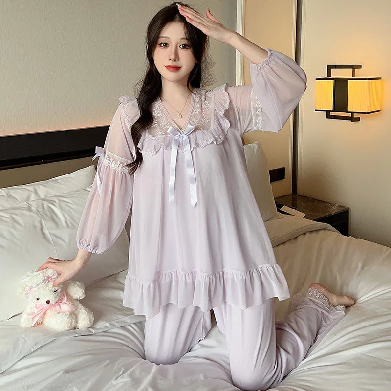 M-XXL Spring and Autumn New Solid V-neck Lace Lace Sweet Loose Princess Style Mesh Pajama Set Women's Home Clothing