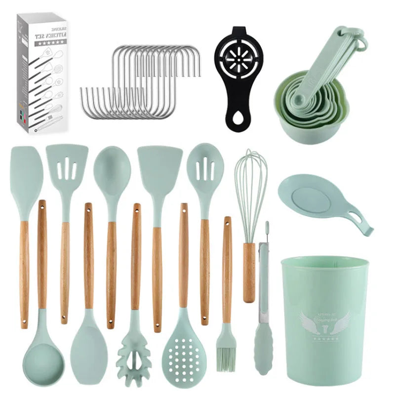 FDA Home Kitchen Accessory Modern Stick Food Grade Silicone Cooking Utensil Set with Holder Stand