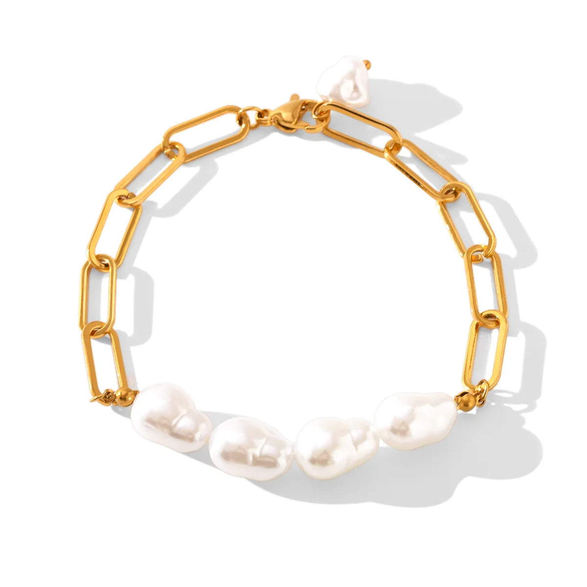 Delicate Stainless Steel 18K IP Gold Plated Simple Paper Clip Chain Glass Pearl Bracelet for Girls Daily Wearing