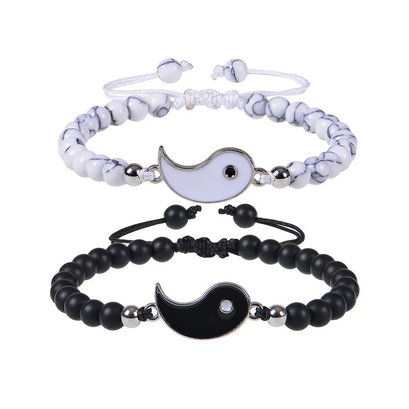 Fashion Men Women Taiji Yin Yang Feng Shui Charm Bracelet White Turquoise and Black Beaded Couple Bracelets
