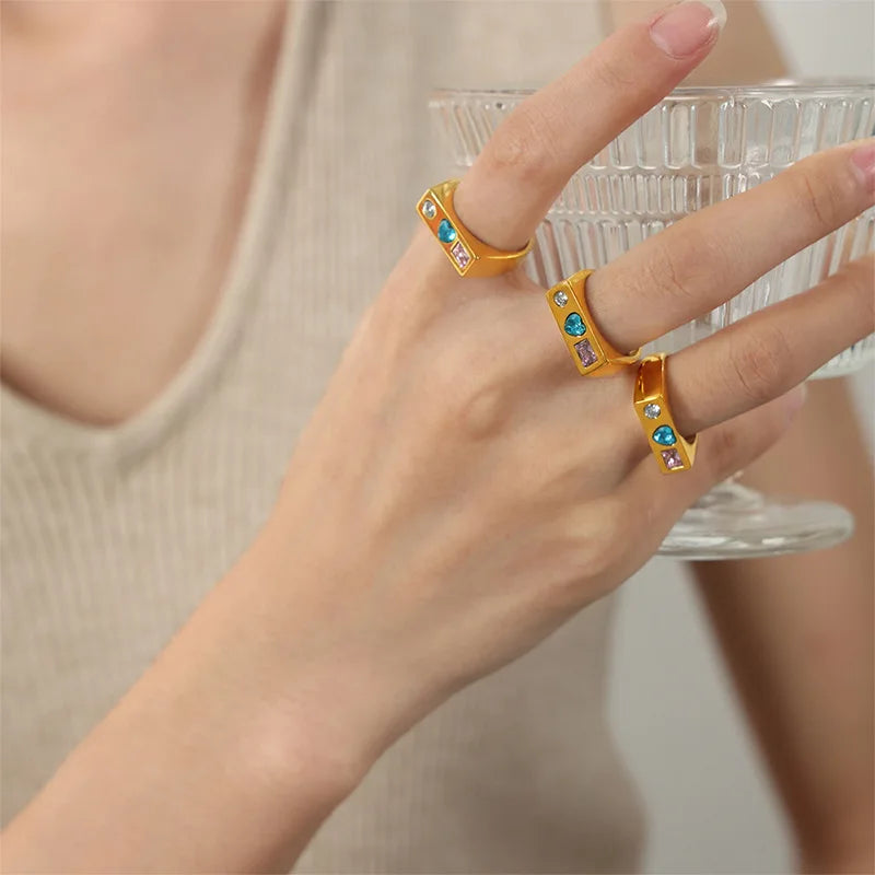 New Arrival Retro French Colorful Cubic Zirconia Design Personality Couple Rings Refined Grace Titanium Steel Ring for Women