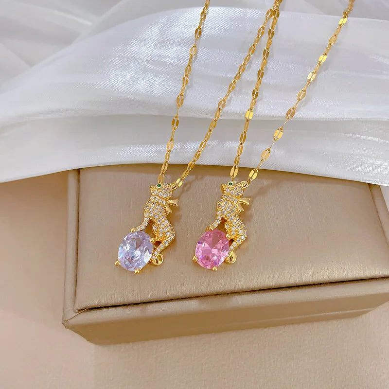 Titanium Steel Full Diamond Leopard Light Luxury Necklace Charm for Women Wedding Engagement Stainless Steel Jewelry