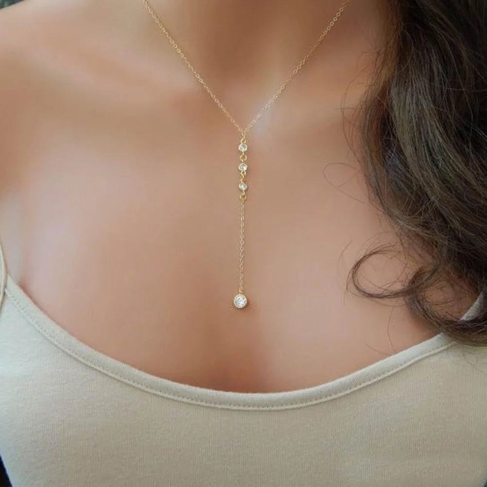 Hainon Lariat Y Necklace for Women Long Gold Plated CZ Teardrop Pendant Necklace Stainless Steel