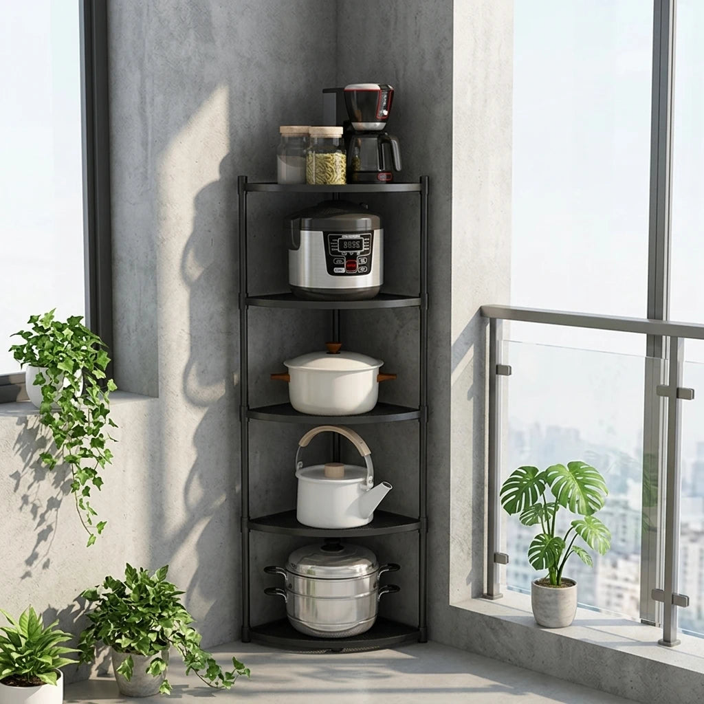 5 Tiers Triangular Stainless Steel Corner Shelf Kitchen Pan Stand Pot Saucepan Storage Holder Rack