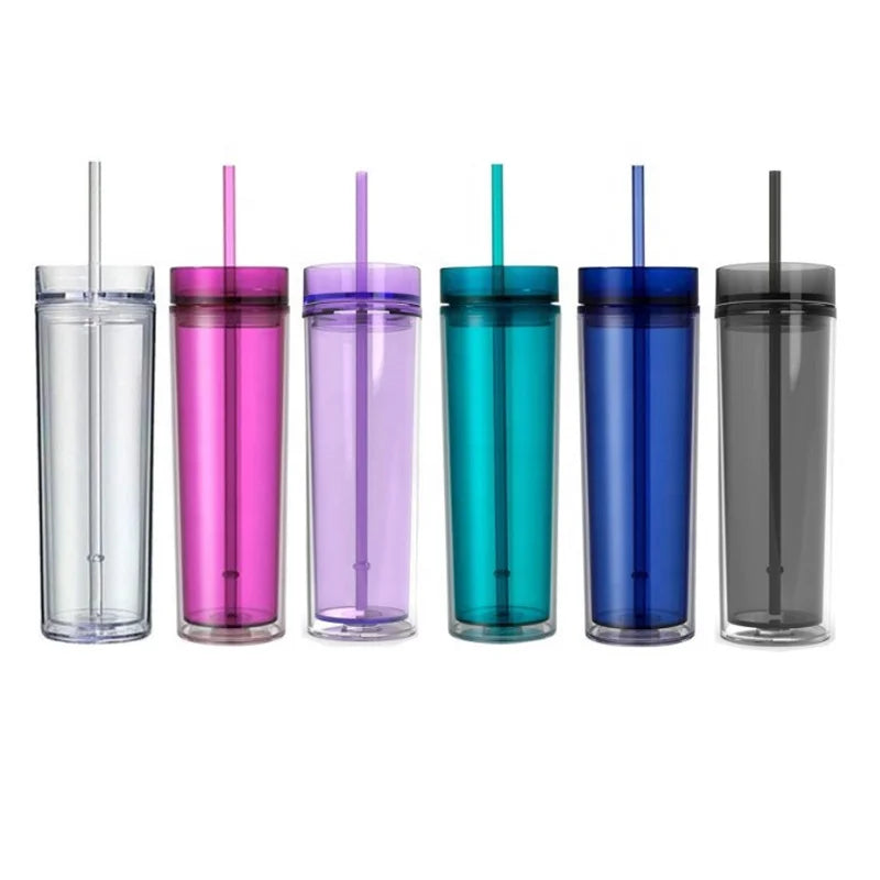 16oz Colorful Skinny Tumbler Plastic Bottle Double Wall Acrylic Tumbler Cups Wholesale Plastic Water Bottles With Lid and Straw