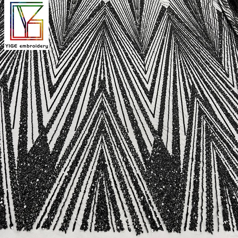 Luxury Heavy Bead Lace Fabric Bridal Party Beaded Lace Black Sequin Net Beaded Fabric Embroidery Tulle Laces Fabrics for Women