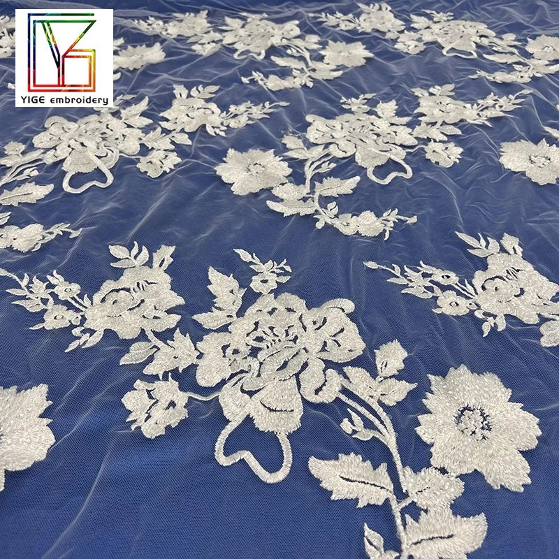 French Elegant Tulle Embroidery Lace With Sequins Pure White Bridal Lace Dress Fabric