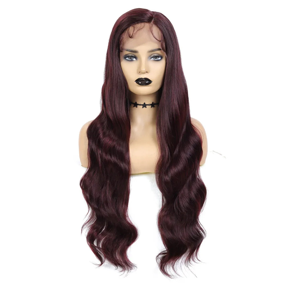 X-TRESS 30" Red Burgundy Colored Synthetic Lace Front Hair Wig Body Wave Heat Resistant Fiber Side Part Lace Wig for Women Wigs