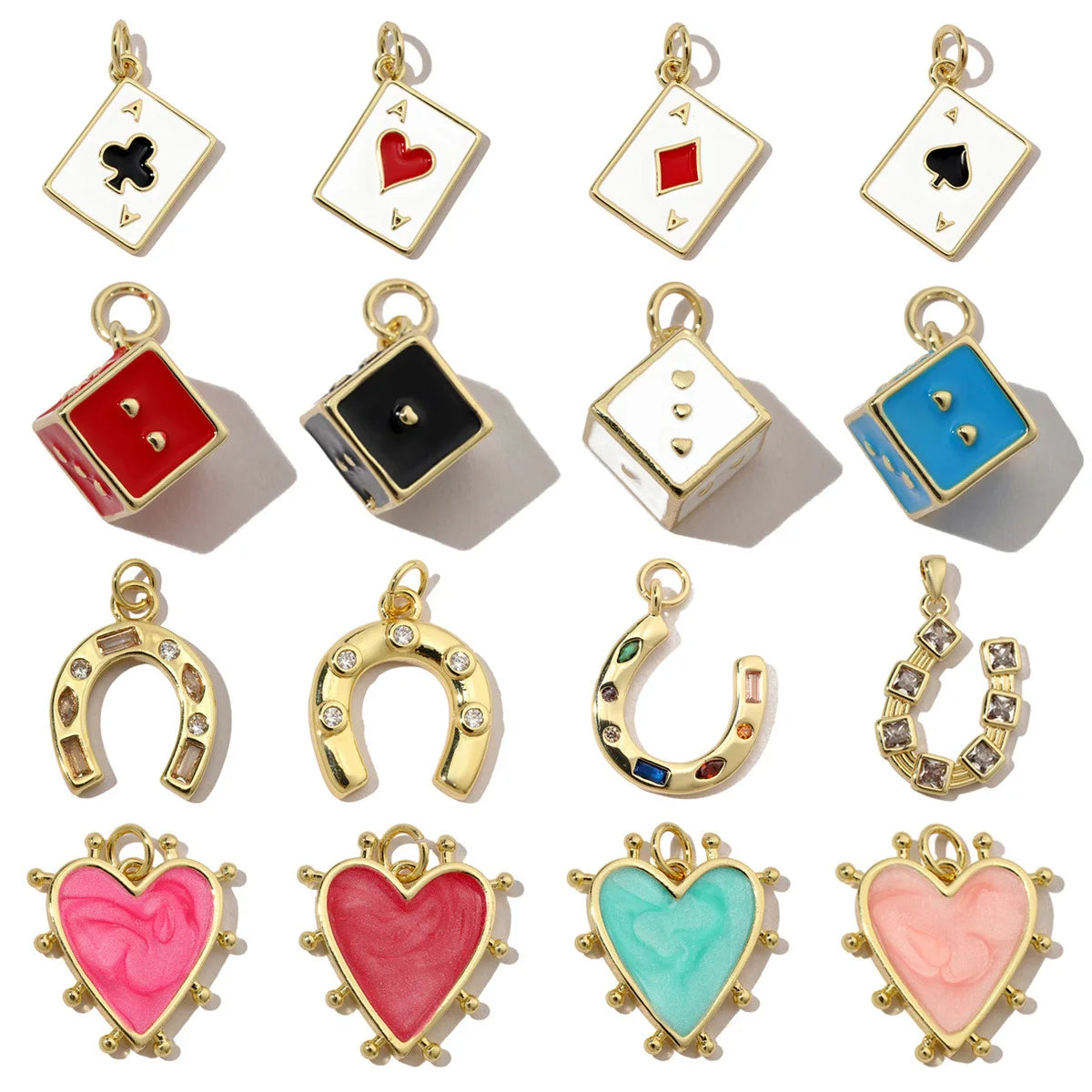 Beimai OEM Charms for Jewelry Making U shaped Playing Card Heart Dice Copper Zircon Drop Oil Diy Jewelry Accessories