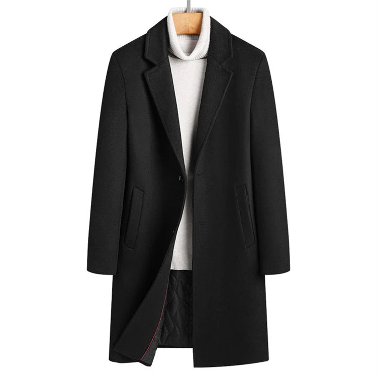 Mens Business Top Coats Heavyweight Woolen Warm Single Breasted Trench Winter Coats for Men