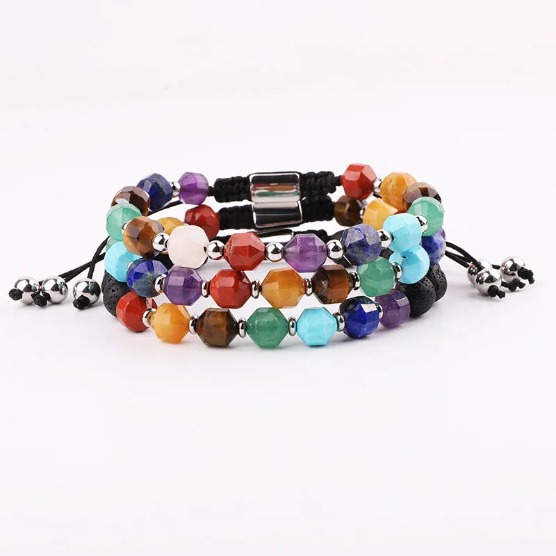 New Design Factory Making Faceted Natural 7 Chakra Stone Reki Gemstone  Energy Stone Stainless Steel Beads Custom Logo Bracelet
