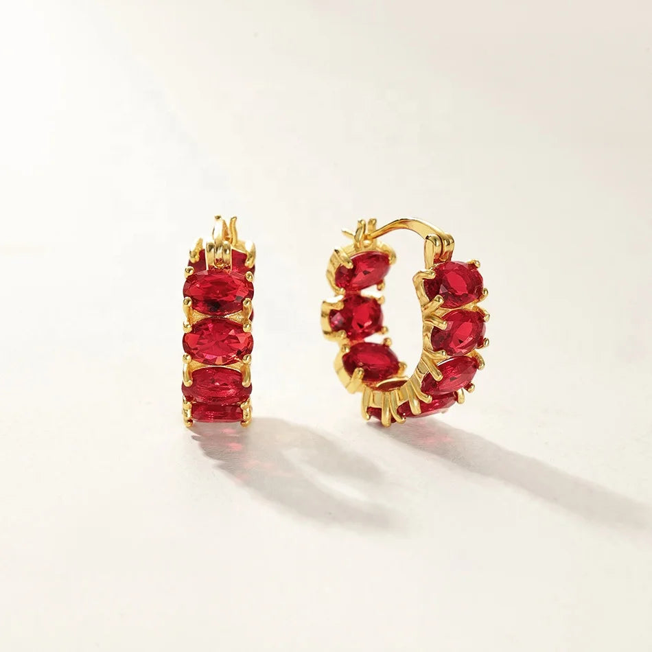 Nagosa Vintage Jewelry 18k Gold Vermeil 925 Sterling Silver Red baguette Cubic Zirconia Hoop Earrings